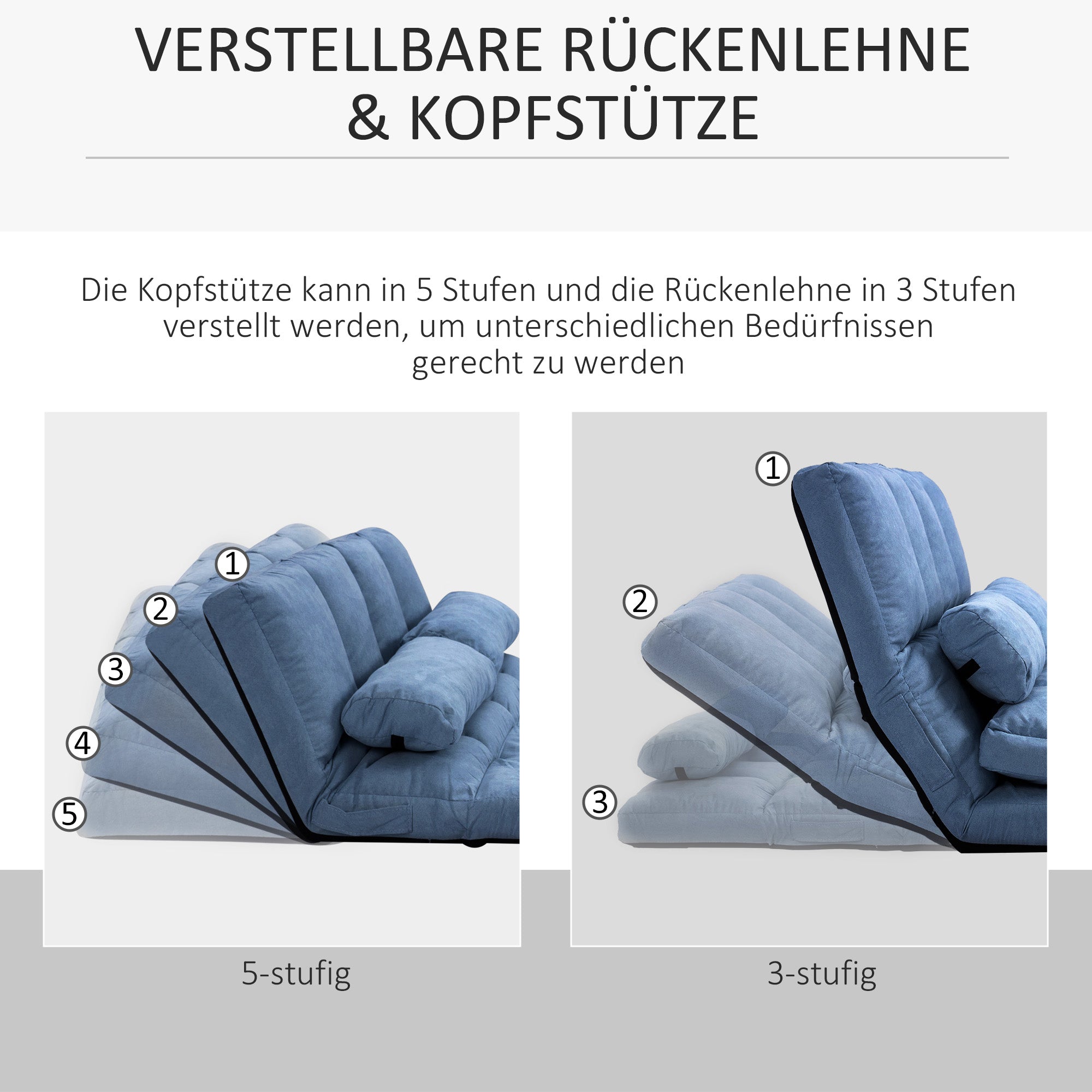 Floor Chair 2-in-1 Floor Seat Bed with Backrest 3 Positions Adjustable Seat Cushion Blue Velvet Metal 102 x 73 x 60 cm