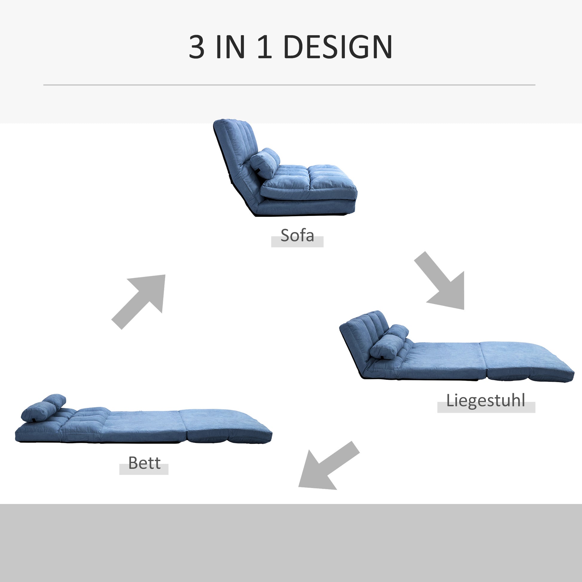 Floor Chair 2-in-1 Floor Seat Bed with Backrest 3 Positions Adjustable Seat Cushion Blue Velvet Metal 102 x 73 x 60 cm