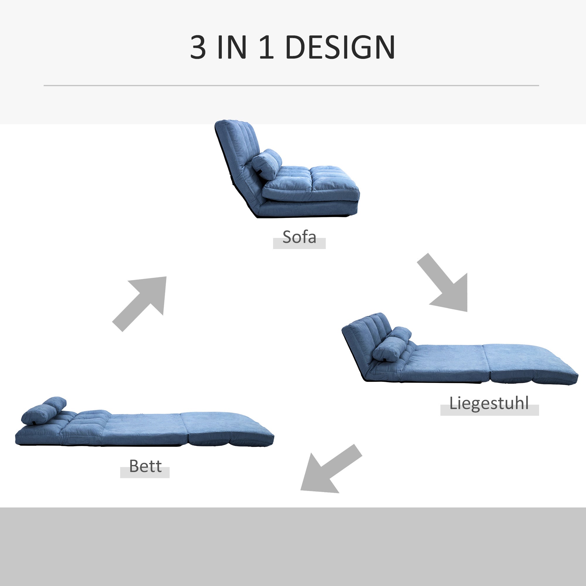 Floor Chair 2-in-1 Floor Seat Bed with Backrest 3 Positions Adjustable Seat Cushion Blue Velvet Metal 102 x 73 x 60 cm