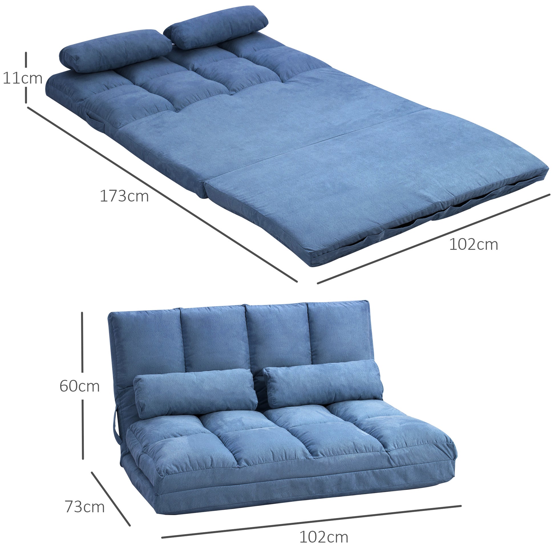 Floor Chair 2-in-1 Floor Seat Bed with Backrest 3 Positions Adjustable Seat Cushion Blue Velvet Metal 102 x 73 x 60 cm