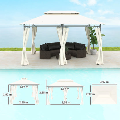 Garden Gazebo 4x3m Garden Pergola Gazebo with Double Roof Sidewalls Water Resistant Canopy for Outdoor Terrace Patio Cream