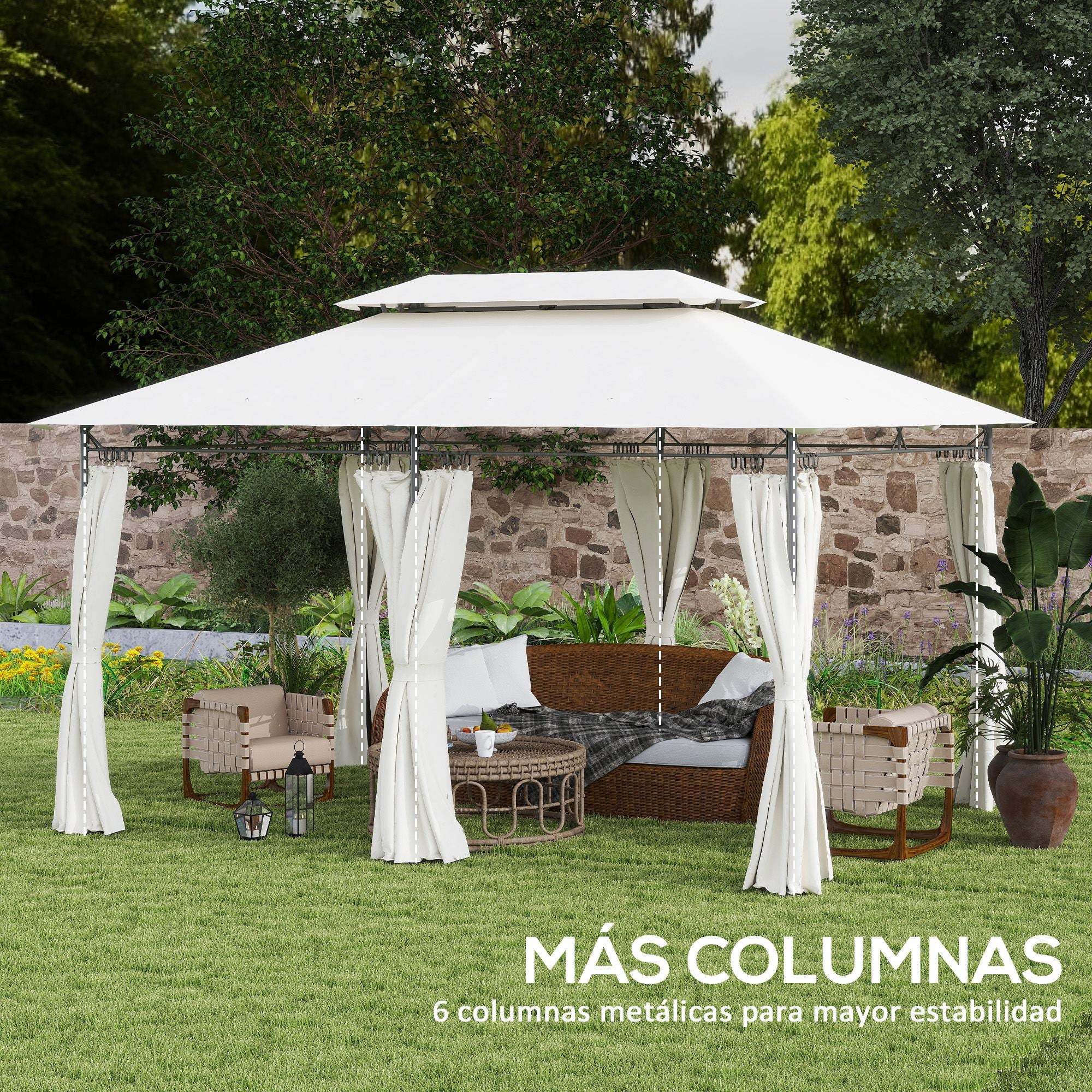 Garden Gazebo 4x3m Garden Pergola Gazebo with Double Roof Sidewalls Water Resistant Canopy for Outdoor Terrace Patio Cream