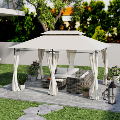 Garden Gazebo 4x3m Garden Pergola Gazebo with Double Roof Sidewalls Water Resistant Canopy for Outdoor Terrace Patio Cream