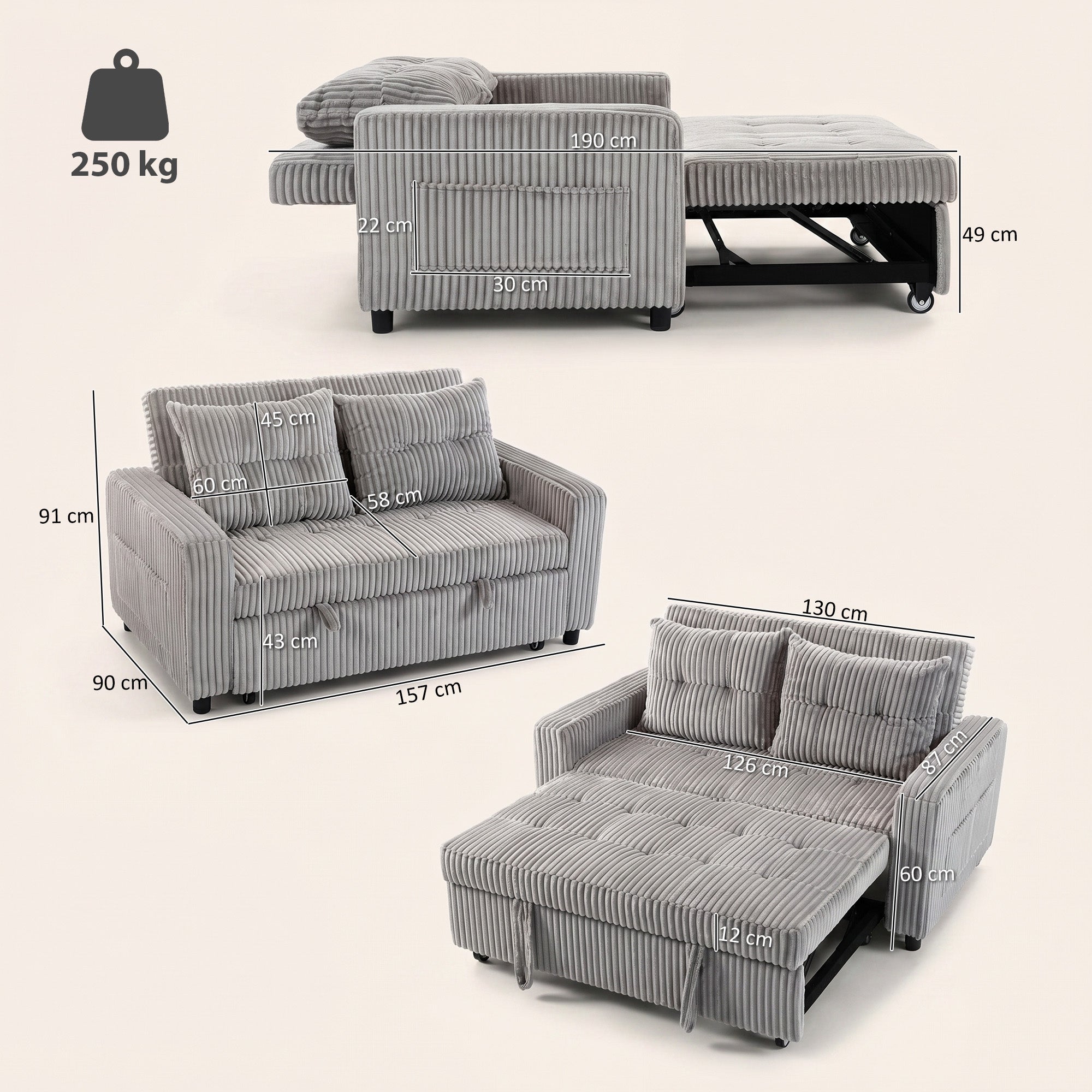 2-Seater Convertible Sofa Bed, Corduroy Upholstery, Light Gray