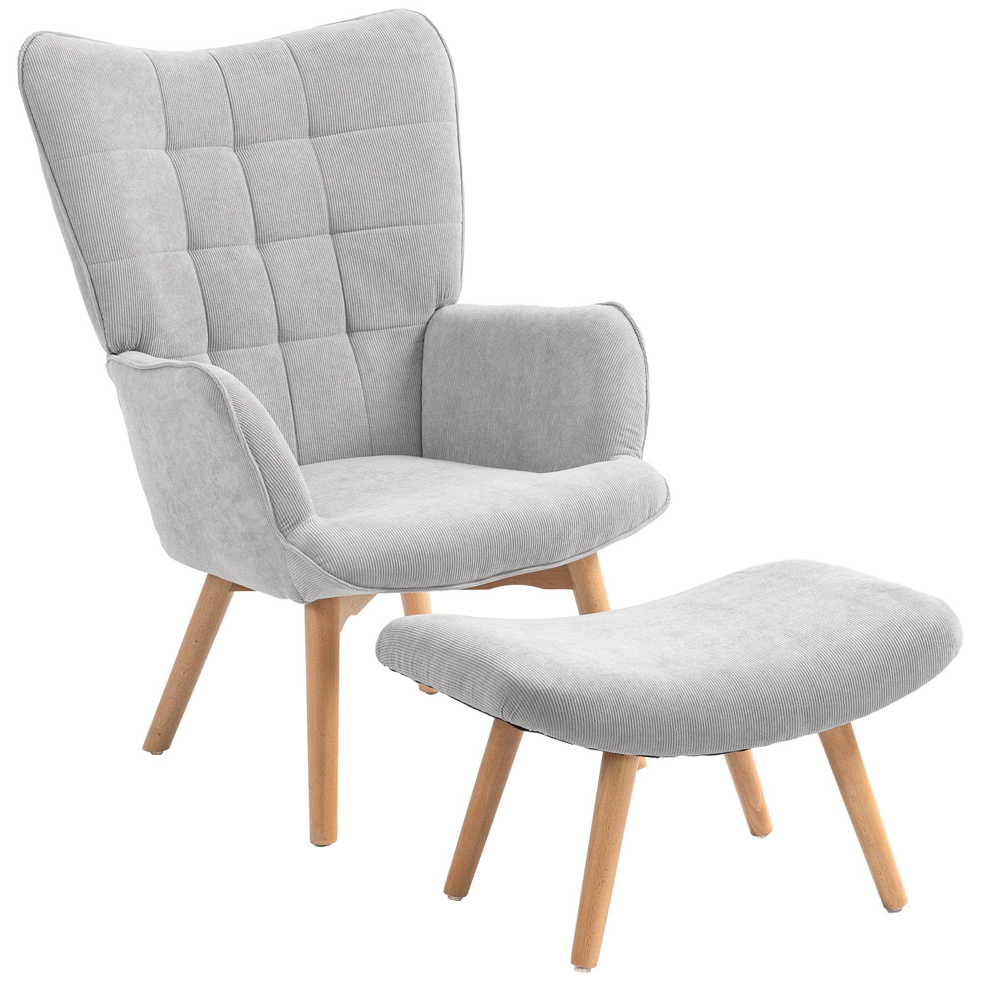 Chair with Ottoman, Wingback Chair with High Back, Wooden Legs, Lounge Chair with Tufted Design, Corduroy Look, for Living Room, Gray