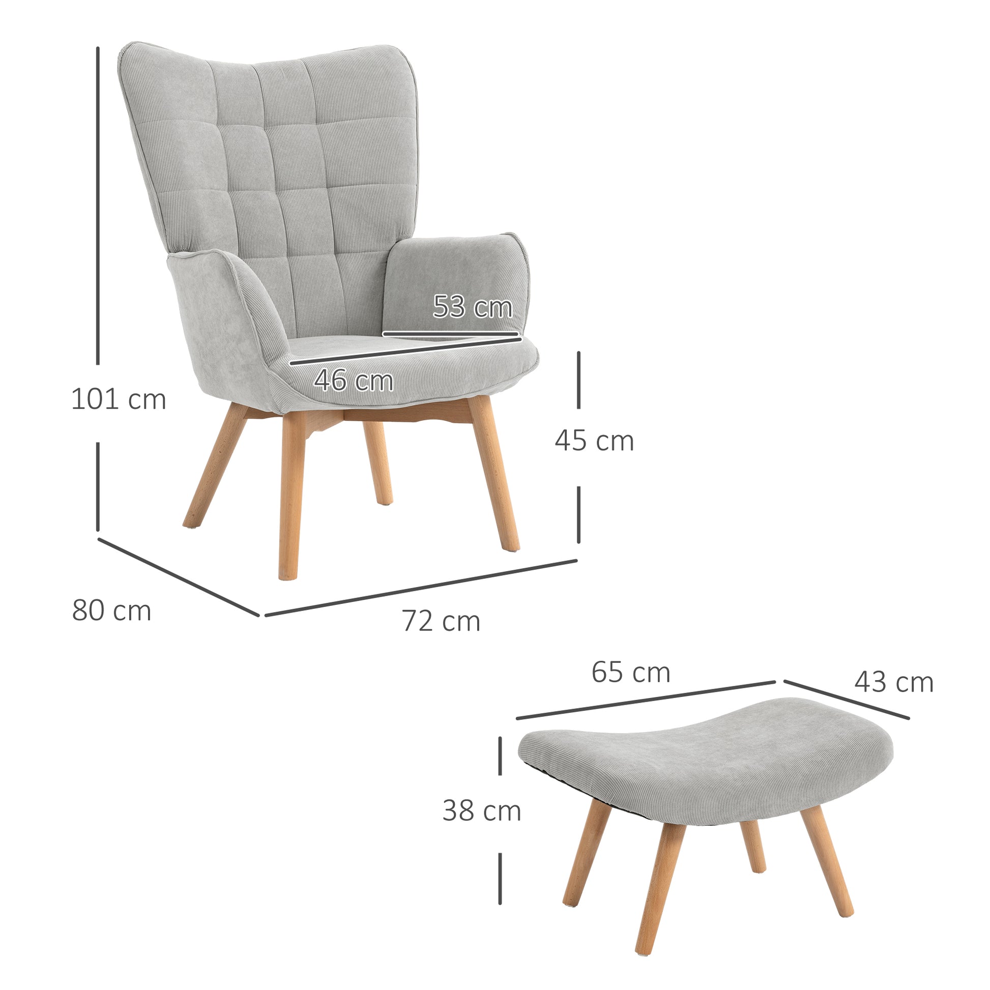 Chair with Ottoman, Wingback Chair with High Back, Wooden Legs, Lounge Chair with Tufted Design, Corduroy Look, for Living Room, Gray