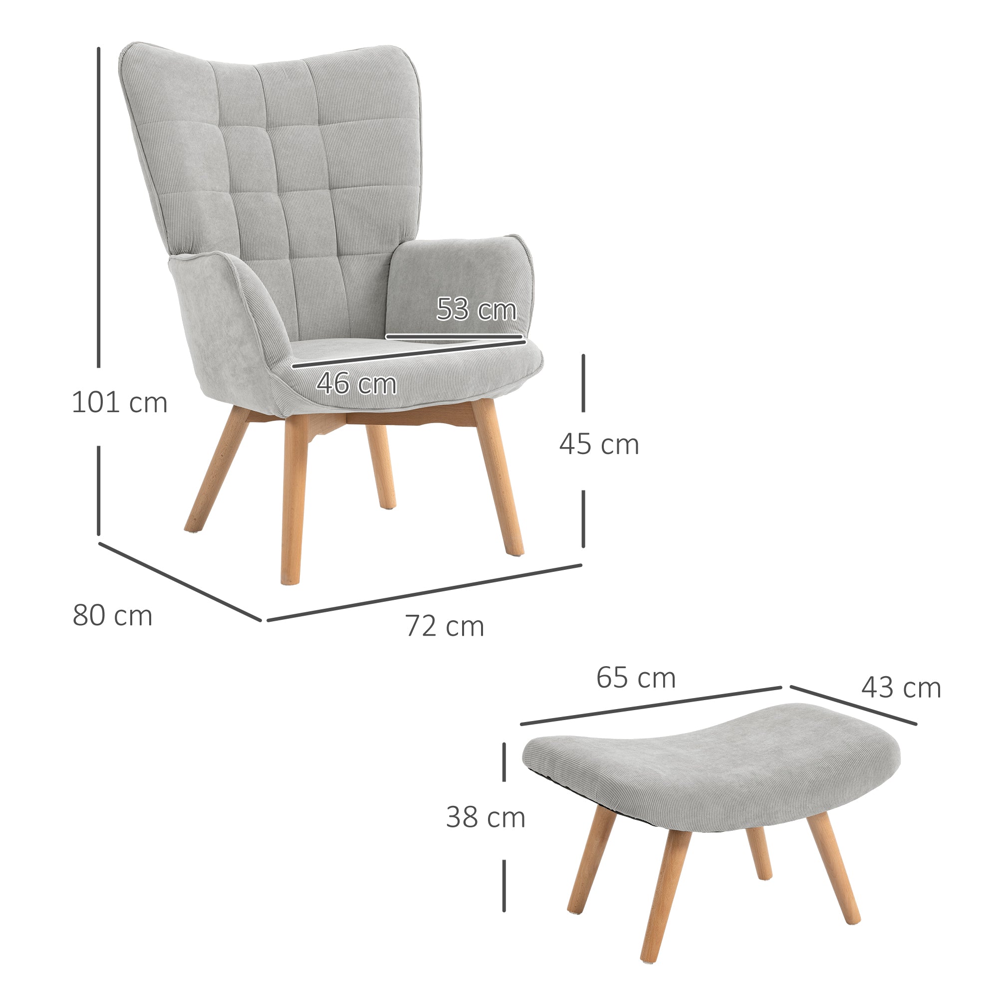 Chair with Ottoman, Wingback Chair with High Back, Wooden Legs, Lounge Chair with Tufted Design, Corduroy Look, for Living Room, Gray