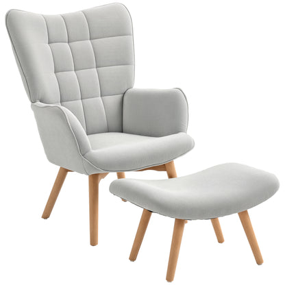 Chair with Ottoman, Wingback Chair with High Back, Wooden Legs, Lounge Chair with Tufted Design, Corduroy Look, for Living Room, Gray