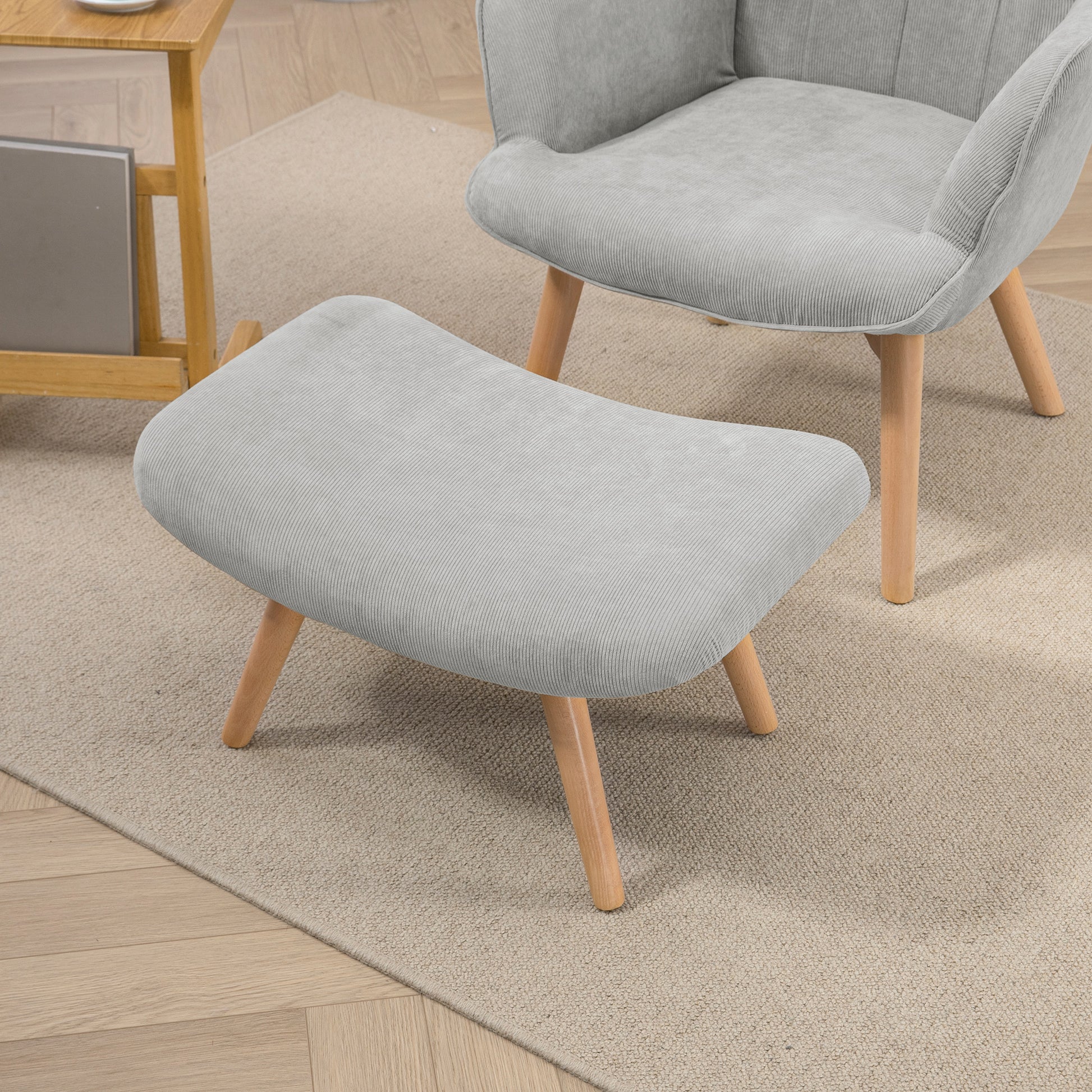 Chair with Ottoman, Wingback Chair with High Back, Wooden Legs, Lounge Chair with Tufted Design, Corduroy Look, for Living Room, Gray