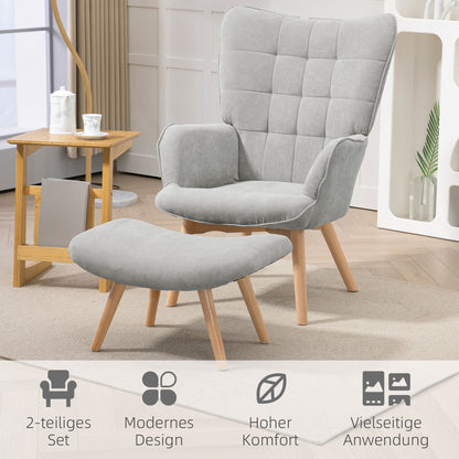 Chair with Ottoman, Wingback Chair with High Back, Wooden Legs, Lounge Chair with Tufted Design, Corduroy Look, for Living Room, Gray