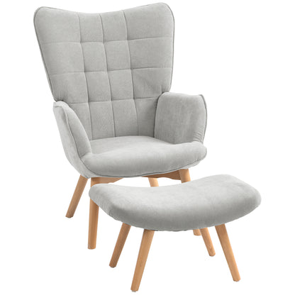 Chair with Ottoman, Wingback Chair with High Back, Wooden Legs, Lounge Chair with Tufted Design, Corduroy Look, for Living Room, Gray