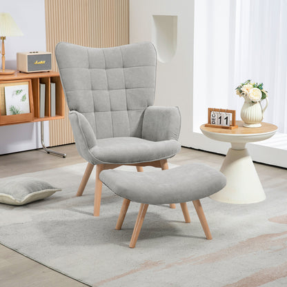 Chair with Ottoman, Wingback Chair with High Back, Wooden Legs, Lounge Chair with Tufted Design, Corduroy Look, for Living Room, Gray