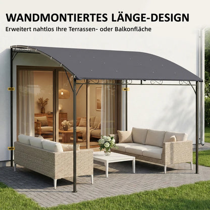 Wall-Mounted Garden Pergola, 12 ft 7 in x 9 ft 5 in — Sloped Drainage Roof, UPF30+ Waterproof Canopy, Powder-Coated Metal Frame, Gray