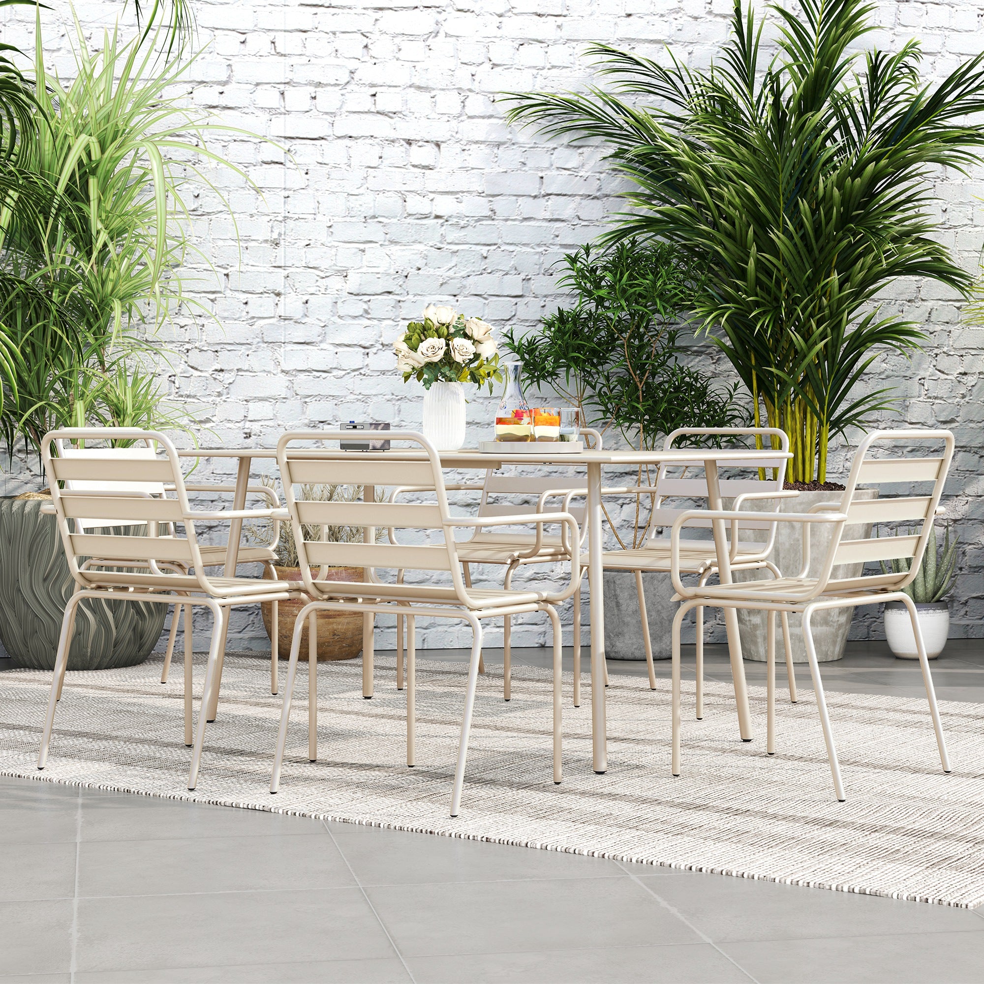 Outdoor Garden Dining Set 7 Pieces with 1 Table and 6 Stackable Steel Chairs in Beige
