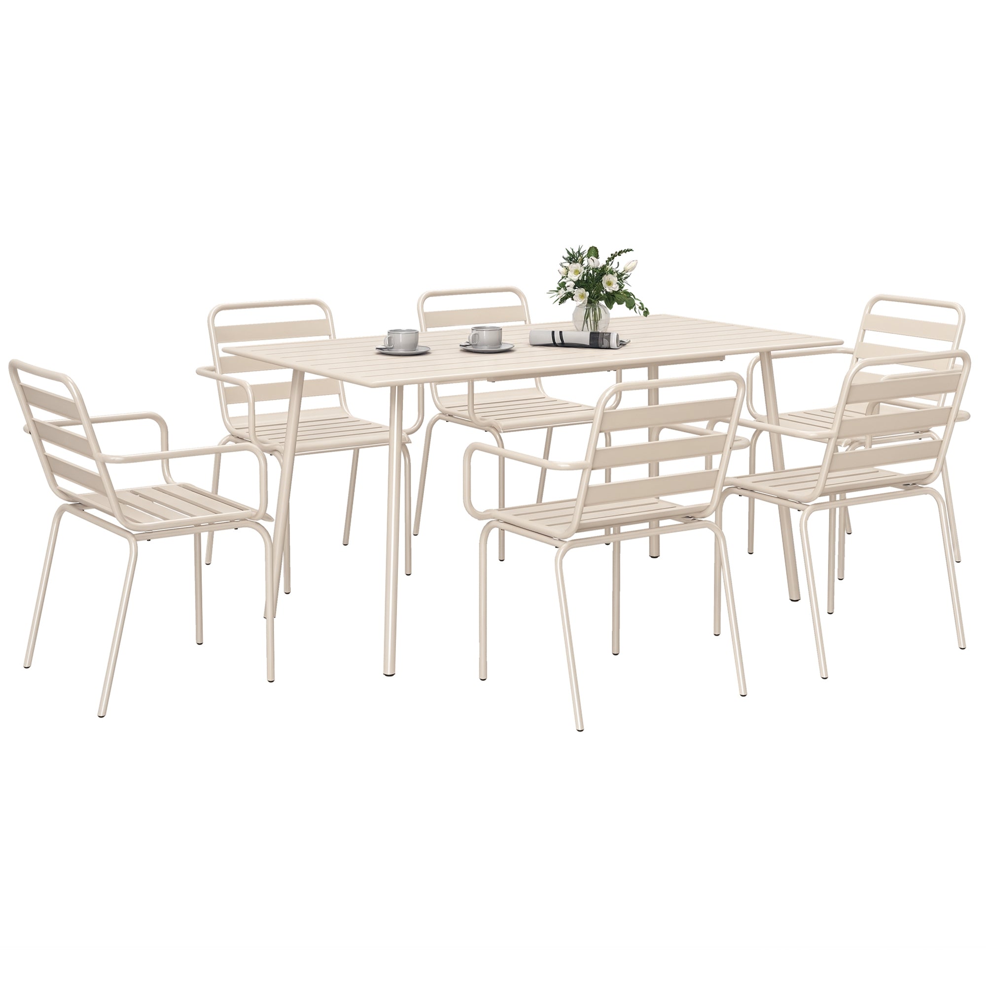 Outdoor Garden Dining Set 7 Pieces with 1 Table and 6 Stackable Steel Chairs in Beige