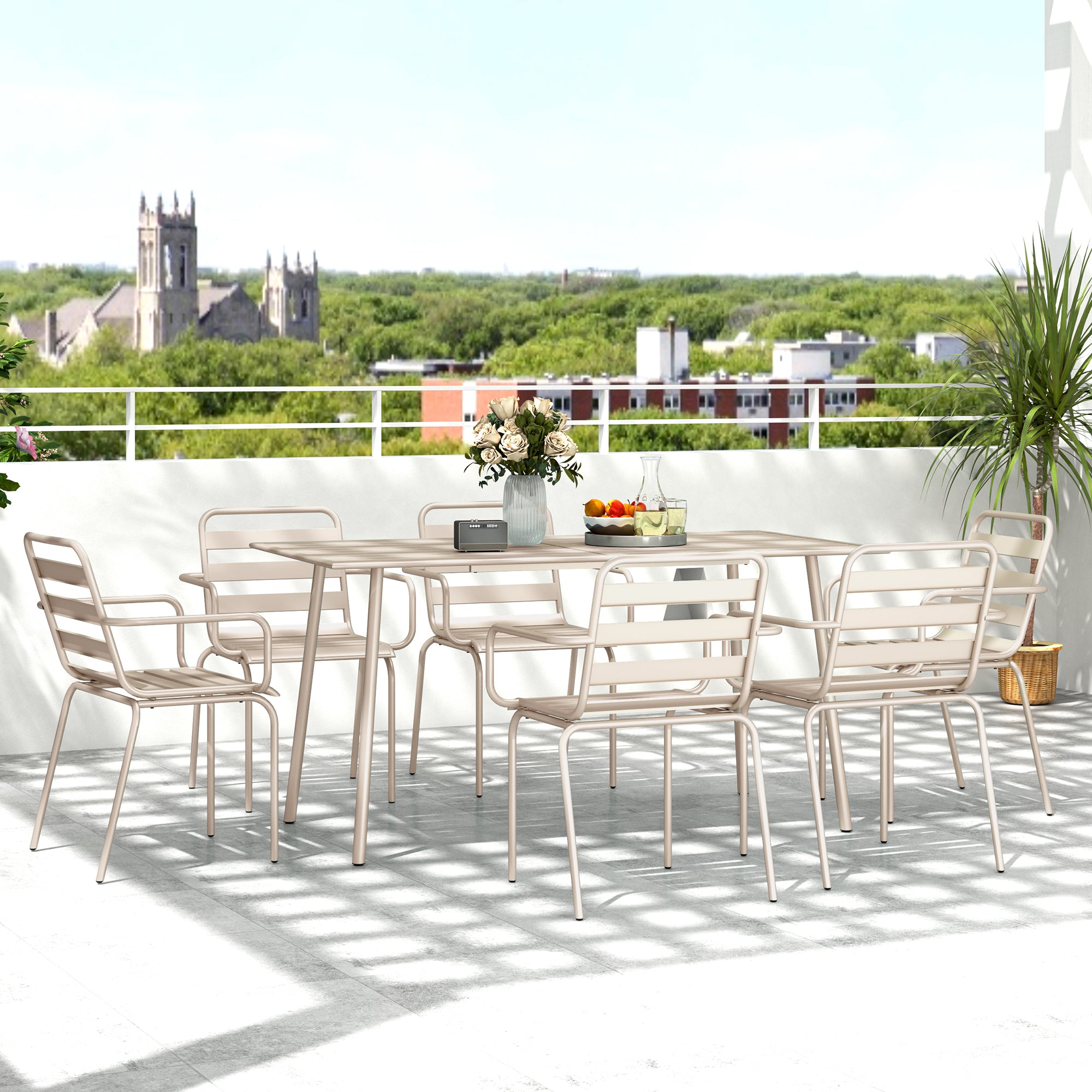 Outdoor Garden Dining Set 7 Pieces with 1 Table and 6 Stackable Steel Chairs in Beige