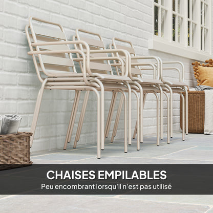 Outdoor Garden Dining Set 7 Pieces with 1 Table and 6 Stackable Steel Chairs in Beige