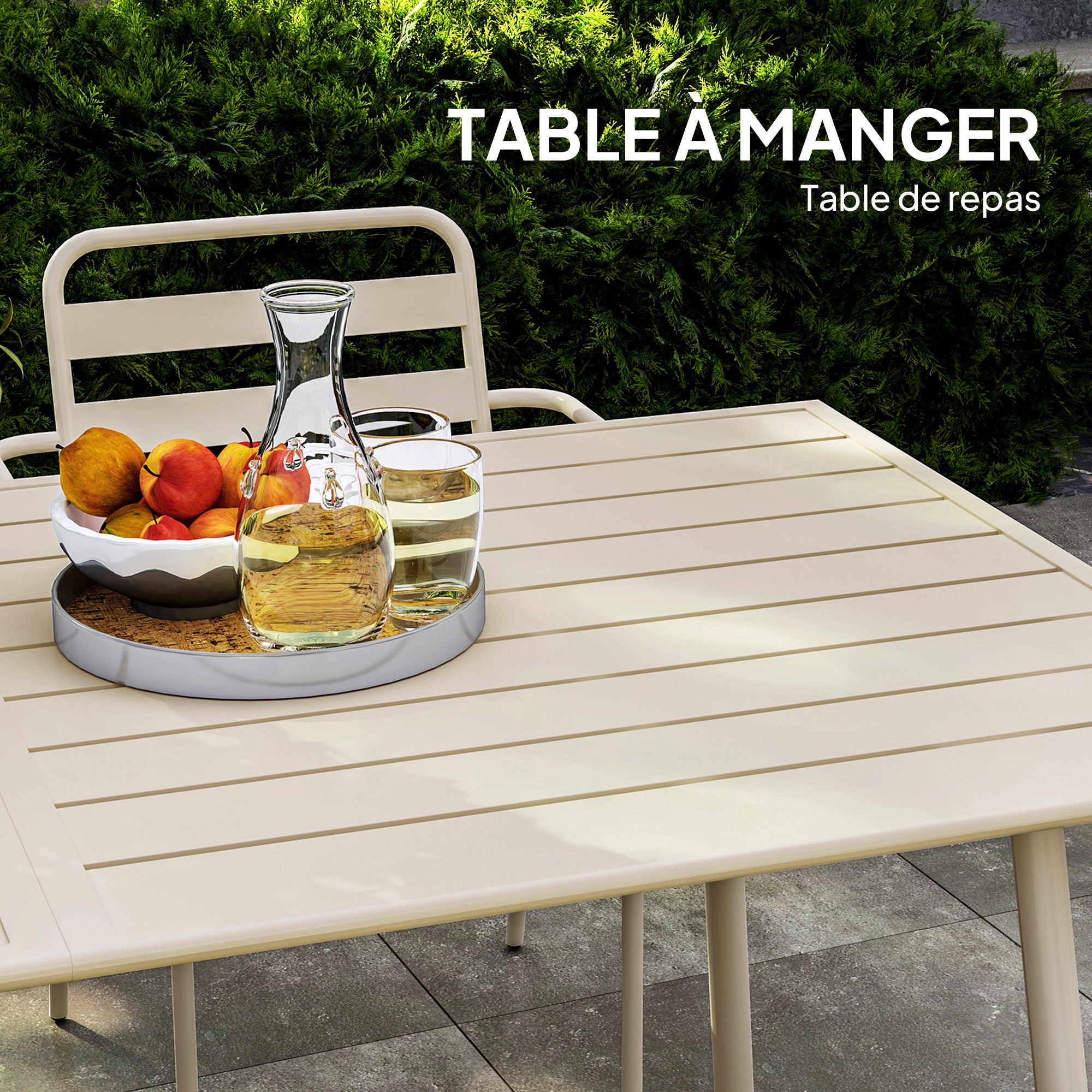 Outdoor Garden Dining Set 7 Pieces with 1 Table and 6 Stackable Steel Chairs in Beige