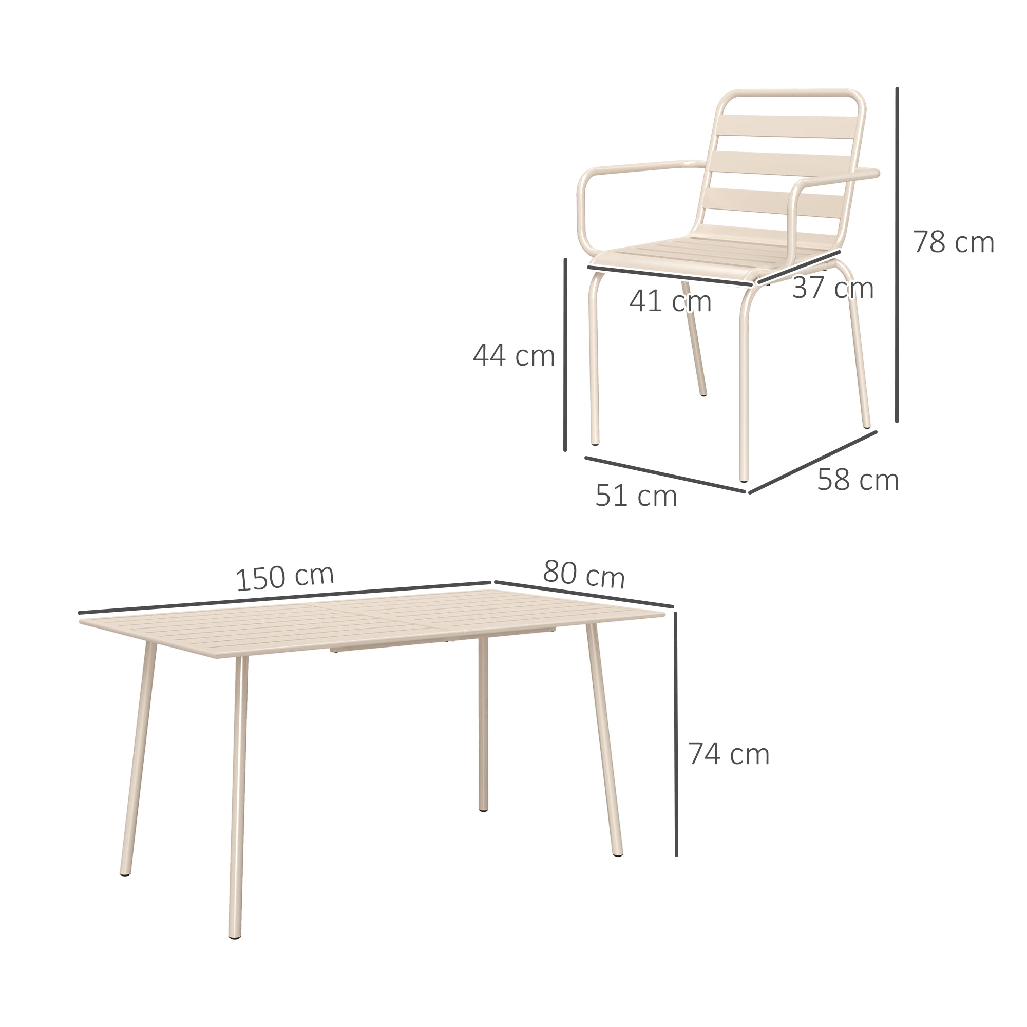 Outdoor Garden Dining Set 7 Pieces with 1 Table and 6 Stackable Steel Chairs in Beige