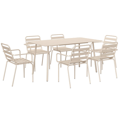 Outdoor Garden Dining Set 7 Pieces with 1 Table and 6 Stackable Steel Chairs in Beige