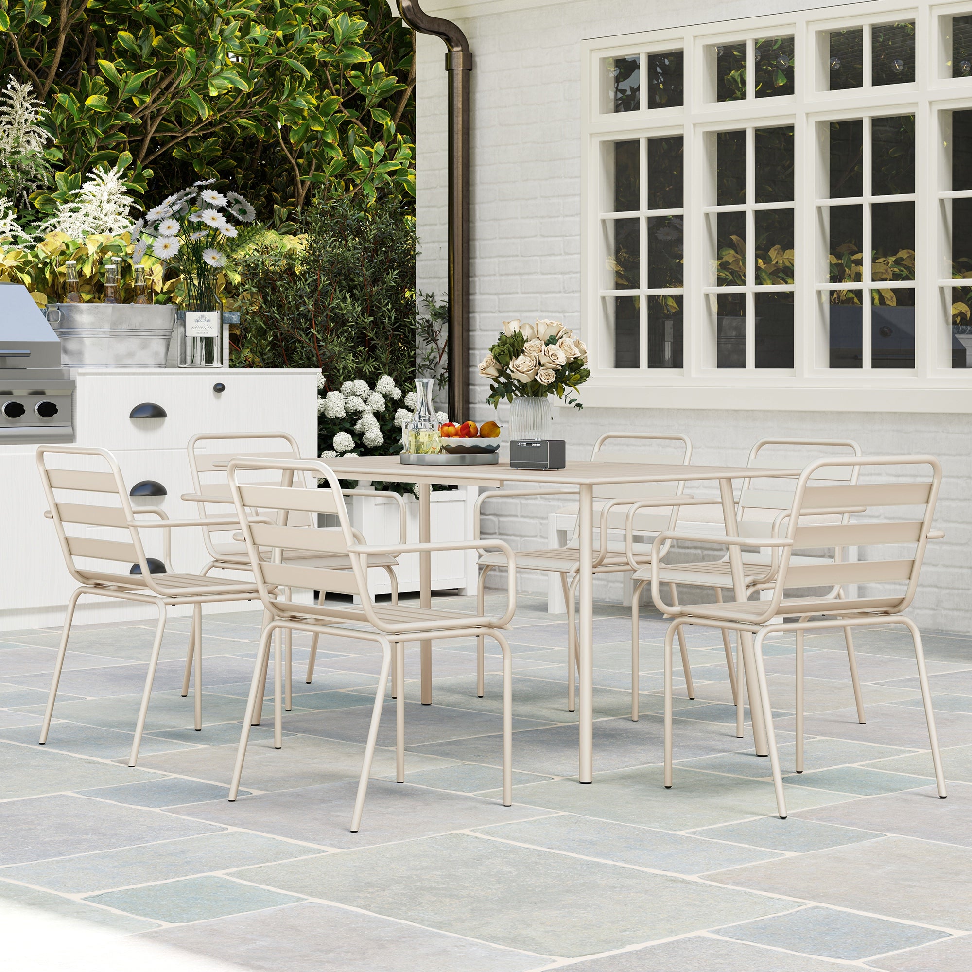 Outdoor Garden Dining Set 7 Pieces with 1 Table and 6 Stackable Steel Chairs in Beige