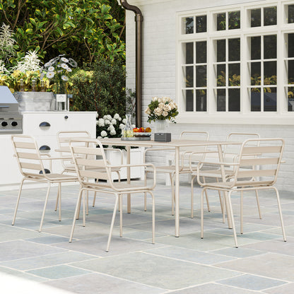 Outdoor Garden Dining Set 7 Pieces with 1 Table and 6 Stackable Steel Chairs in Beige
