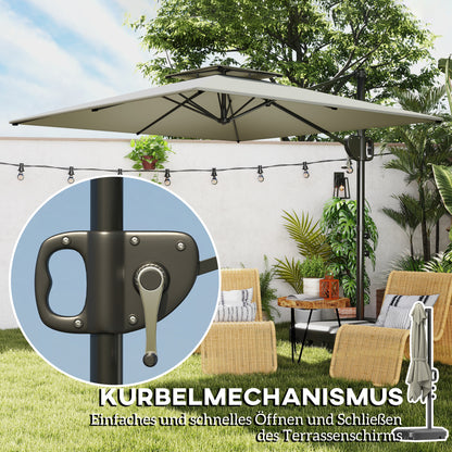 Cantilever Side Umbrella 247 x 247 x 268 cm (97.2 x 97.2 x 105.5 in) — Tilt, Crank, Double Vent, Water-Fillable Base, Water-Resistant, UV Protection, Light Gray