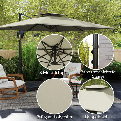 Cantilever Side Umbrella 247 x 247 x 268 cm (97.2 x 97.2 x 105.5 in) — Tilt, Crank, Double Vent, Water-Fillable Base, Water-Resistant, UV Protection, Light Gray