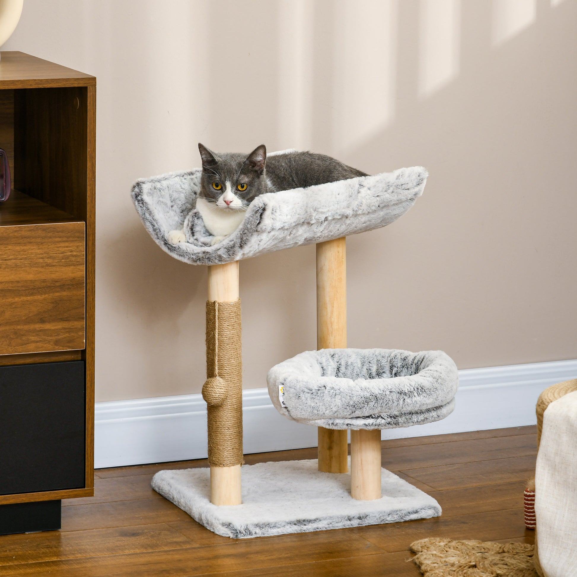 Cat Tree with Scratching Post, Climbing Tree for Cats, 1 Upper Niche with Washable Cushion, 1 Round Niche and 1 Hanging Jute Ball, Cat Play Tower, Height 60 cm, Plush, Gray