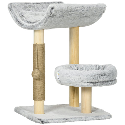 Cat Tree with Scratching Post, Climbing Tree for Cats, 1 Upper Niche with Washable Cushion, 1 Round Niche and 1 Hanging Jute Ball, Cat Play Tower, Height 60 cm, Plush, Gray