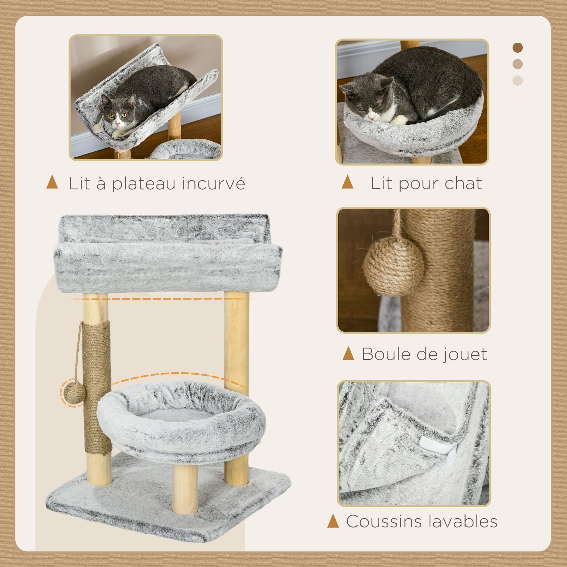Cat Tree with Scratching Post, Climbing Tree for Cats, 1 Upper Niche with Washable Cushion, 1 Round Niche and 1 Hanging Jute Ball, Cat Play Tower, Height 60 cm, Plush, Gray