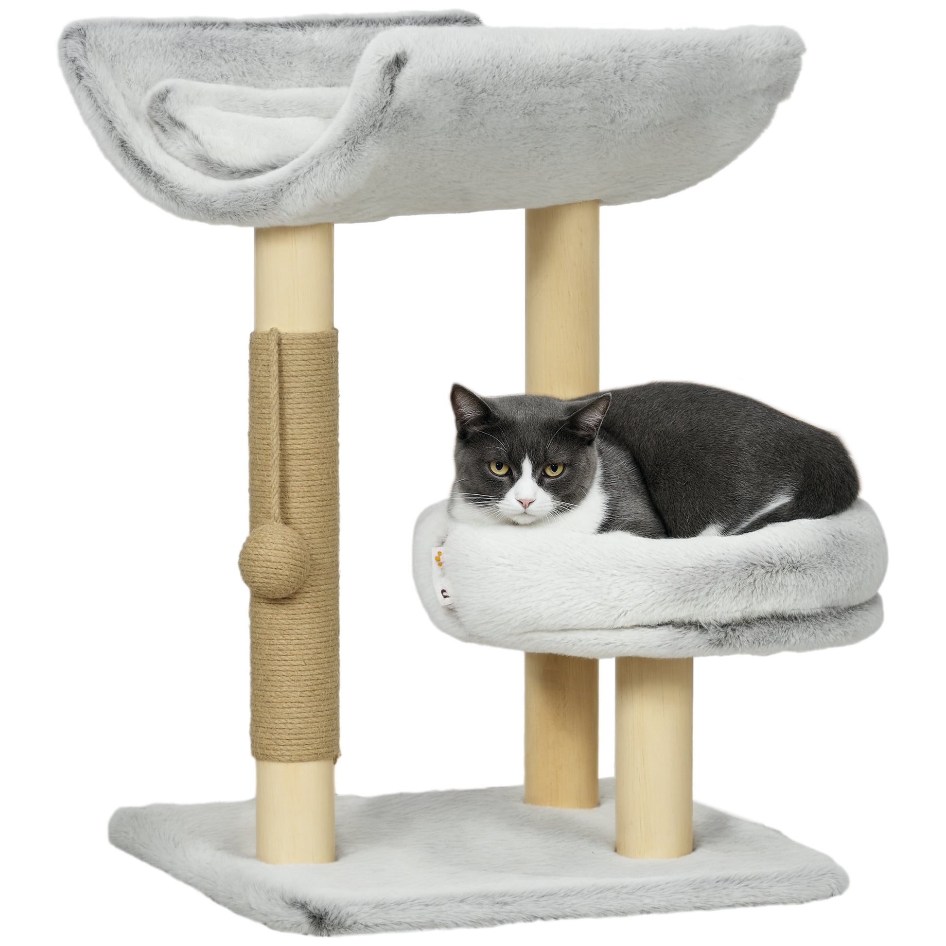 Cat Tree with Scratching Post, Climbing Tree for Cats, 1 Upper Niche with Washable Cushion, 1 Round Niche and 1 Hanging Jute Ball, Cat Play Tower, Height 60 cm, Plush, Gray