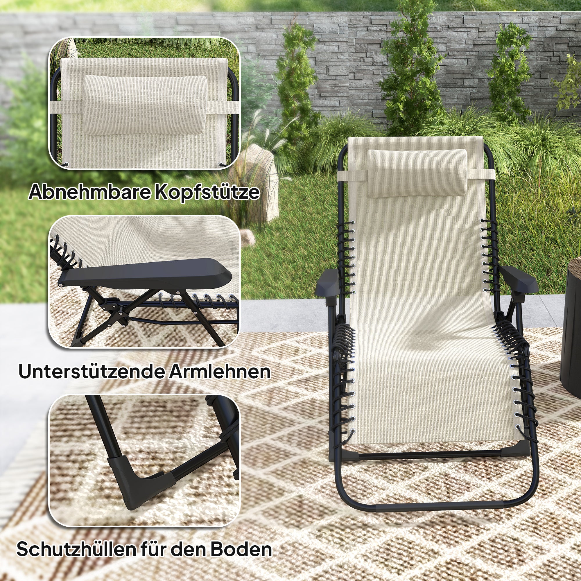 Foldable Sun Lounger Garden Lounger with Headrest, Reclining Chair with 5-Position Adjustable Backrest, Weatherproof Camping Lounger, Garden Chair up to 120 kg Load Capacity, for Garden Outdoor Beach, Beige