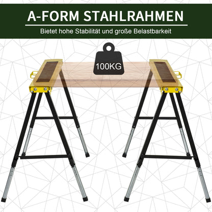 2-Piece Sawhorse Folding Workbench Trestle Stand Non-Slip Steel Yellow Black 100 x 49 x 62-90 cm Load Capacity 100 kg