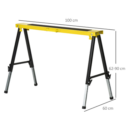 2-Piece Sawhorse Folding Workbench Trestle Stand Non-Slip Steel Yellow Black 100 x 49 x 62-90 cm Load Capacity 100 kg