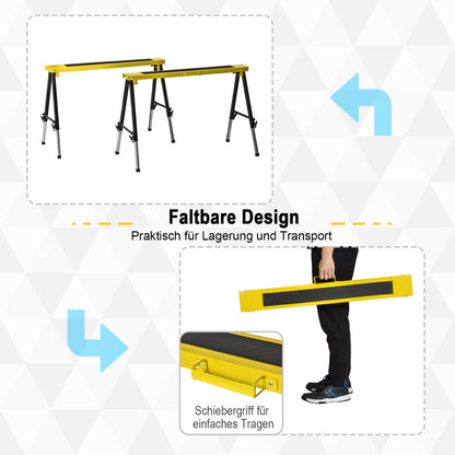 2-Piece Sawhorse Folding Workbench Trestle Stand Non-Slip Steel Yellow Black 100 x 49 x 62-90 cm Load Capacity 100 kg