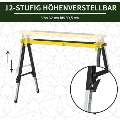 2-Piece Sawhorse Folding Workbench Trestle Stand Non-Slip Steel Yellow Black 100 x 49 x 62-90 cm Load Capacity 100 kg