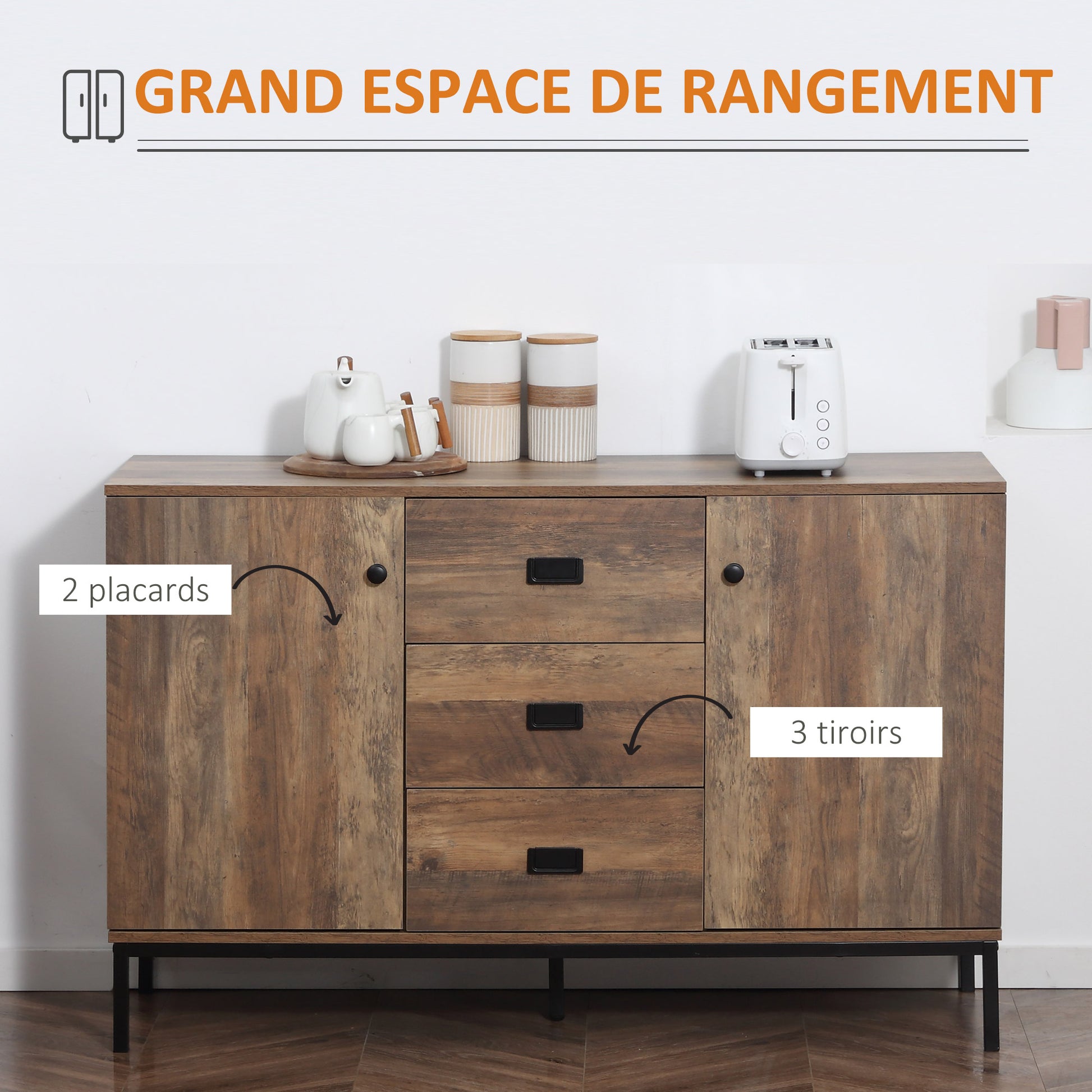 Kitchen Buffet Storage Cabinet 2 Cupboards Adjustable Shelf 3 Drawers Contemporary Style - 120 x 39.5 x 77 cm Brown