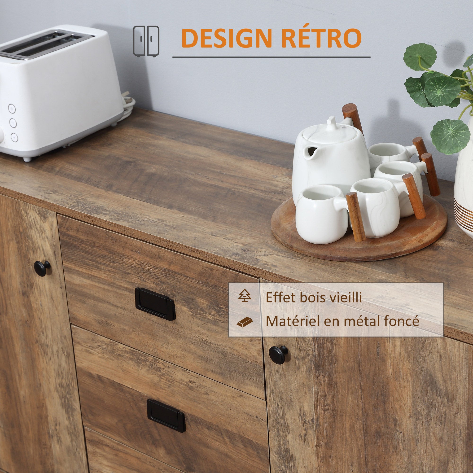 Kitchen Buffet Storage Cabinet 2 Cupboards Adjustable Shelf 3 Drawers Contemporary Style - 120 x 39.5 x 77 cm Brown