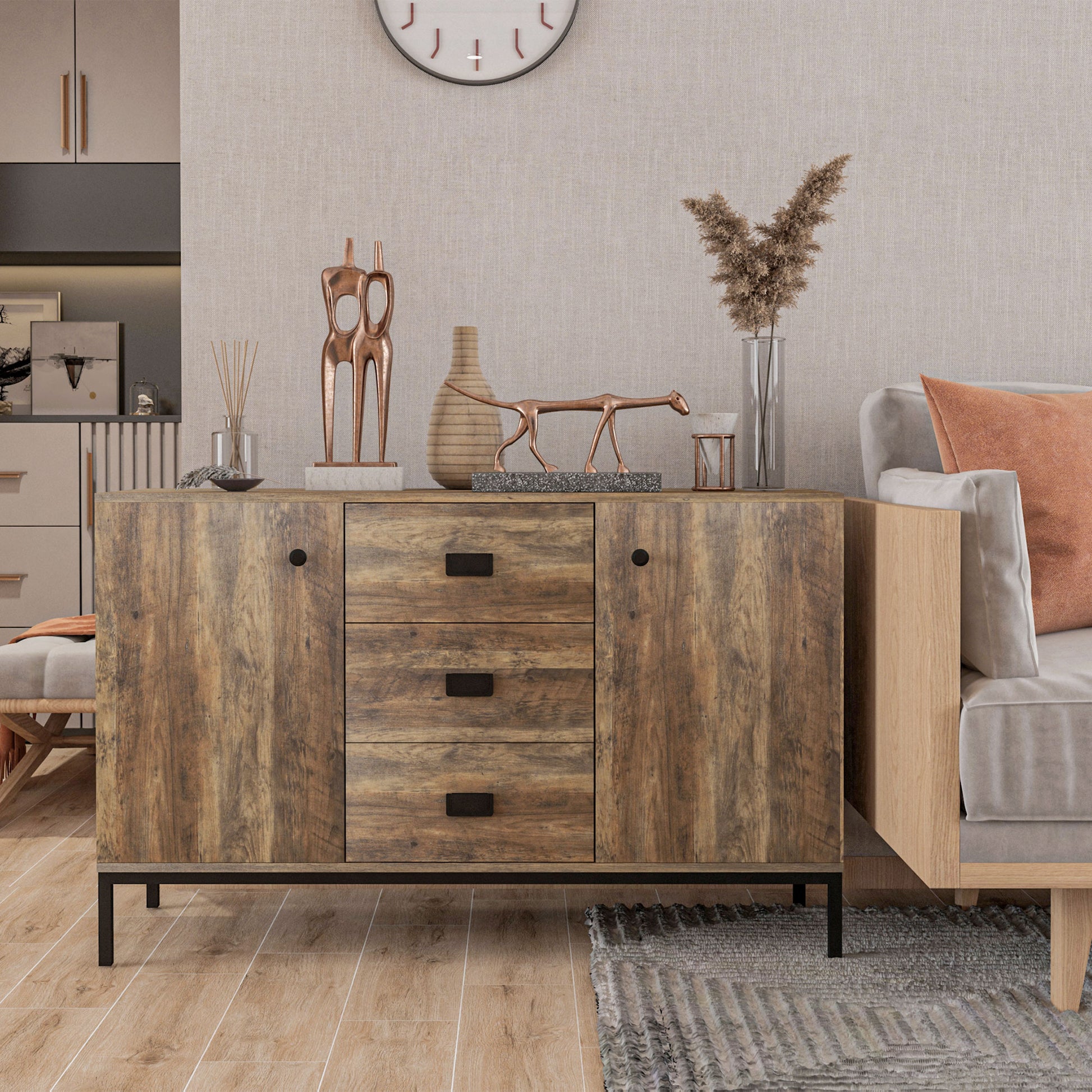 Kitchen Buffet Storage Cabinet 2 Cupboards Adjustable Shelf 3 Drawers Contemporary Style - 120 x 39.5 x 77 cm Brown