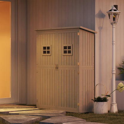 Wooden Garden Shed Outdoor Tool Storage Cabinet Double Doors Waterproof Roof Compartments of Different Sizes 127.5x50x164cm Solid Wood