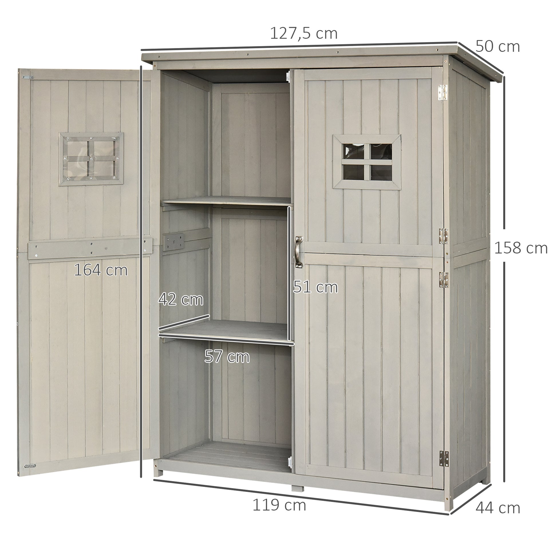 Wooden Garden Shed Outdoor Tool Storage Cabinet Double Doors Waterproof Roof Compartments of Different Sizes 127.5x50x164cm Solid Wood