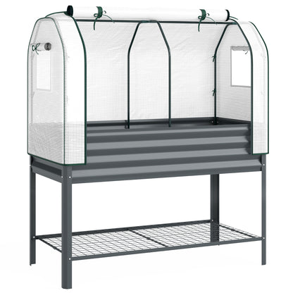 Elevated Planter with PE Greenhouse Cover — Metal Raised Garden Bed with Greenhouse, 167 L (44.1 gal) with Liner & Lower Shelf, for Plants, Flowers & Vegetables, 47.2 x 21.7 x 55.1 in (120 x 55 x 140 cm), Dark Gray