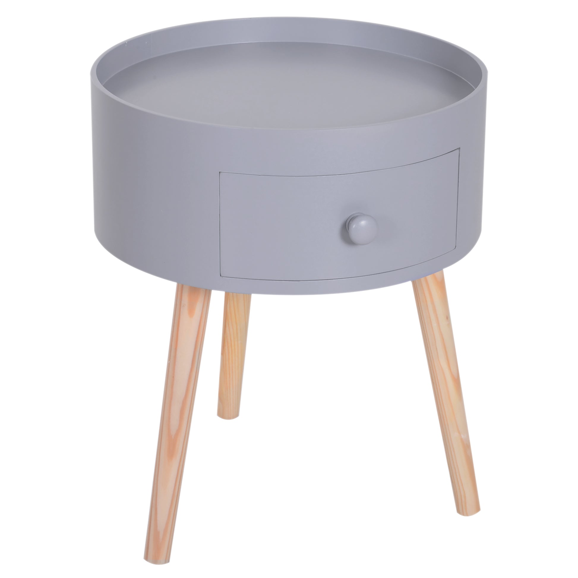 Coffee Table - Bedside Table - Round Bedside Table - Scandinavian Design Side Table with Drawer Tapered Angled Solid Wood Legs Light Oak Gray