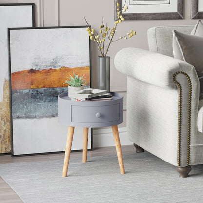 Coffee Table - Bedside Table - Round Bedside Table - Scandinavian Design Side Table with Drawer Tapered Angled Solid Wood Legs Light Oak Gray