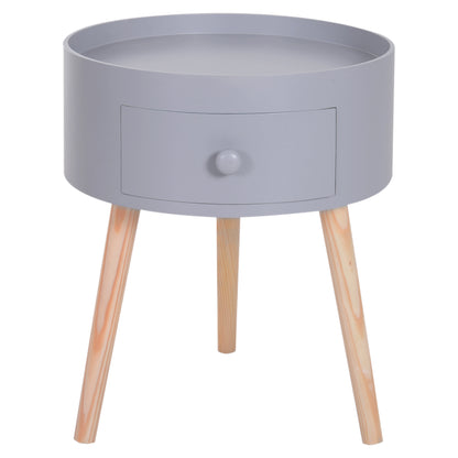Coffee Table - Bedside Table - Round Bedside Table - Scandinavian Design Side Table with Drawer Tapered Angled Solid Wood Legs Light Oak Gray