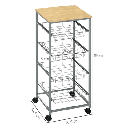Kitchen Cart Rolling Cart with 4 Levels Kitchen Shelf with Metal Baskets, All-Purpose Cart on Wheels, Storage Cart for Kitchen Bathroom Office Living Room Silver