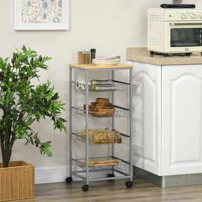 Kitchen Cart Rolling Cart with 4 Levels Kitchen Shelf with Metal Baskets, All-Purpose Cart on Wheels, Storage Cart for Kitchen Bathroom Office Living Room Silver