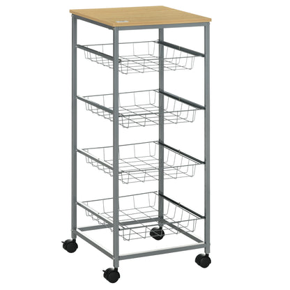 Kitchen Cart Rolling Cart with 4 Levels Kitchen Shelf with Metal Baskets, All-Purpose Cart on Wheels, Storage Cart for Kitchen Bathroom Office Living Room Silver