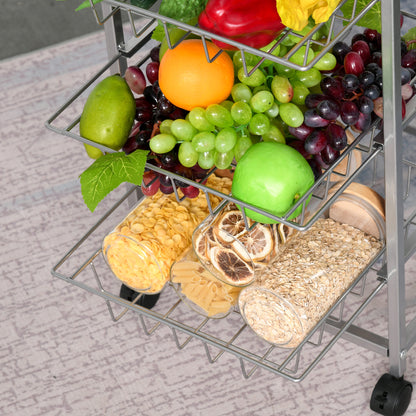Kitchen Cart Rolling Cart with 4 Levels Kitchen Shelf with Metal Baskets, All-Purpose Cart on Wheels, Storage Cart for Kitchen Bathroom Office Living Room Silver